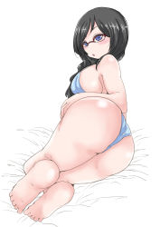Rule 34 | 10s, 1girl, artist request, ass, bare shoulders, barefoot, black hair, blue eyes, blush, breasts, gloves, hibike! euphonium, highres, huge ass, large breasts, long hair, lying, on side, panties, shiny skin, solo, tanaka asuka, underwear