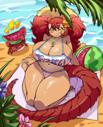 Rule 34 | 1girl, absurdres, beach, bikini, breasts, crab, dark-skinned female, dark skin, dragon tail, dragoontequila, food, fruit, full body, hat, highres, large breasts, long hair, monster girl, navel, original, red hair, simple background, sitting, smile, straw hat, swimsuit, tail, tequila (dragoontequila), thighs, translation request, twintails, watermelon, yellow eyes