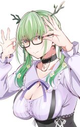 Rule 34 | 1girl, antlers, awakoto (awakotoya), breasts, ceres fauna, ceres fauna (jirai kei), choker, cleavage cutout, clothing cutout, collarbone, earrings, flower, glasses, green hair, hair flower, hair ornament, highres, hololive, hololive english, horns, jewelry, lace, lace choker, large breasts, ribbon, smile, tree horns, virtual youtuber, yellow eyes
