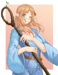 Rule 34 | 1girl, absurdres, blonde hair, blush, braid, choker, commission, commissioner upload, cowboy shot, dungeon meshi, elf, green eyes, hair ornament, highres, holding, looking at viewer, marcille donato, one eye closed, outside border, pointy ears, redrawn, robe, simple background, solo, staff, tomatolover16