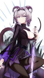 Rule 34 | 1girl, absurdres, animal ears, arknights, black dress, black hairband, black pantyhose, breasts, cleavage, commentary request, dress, hairband, highres, holding, holding sword, holding weapon, large breasts, lin (arknights), long hair, long sleeves, looking at viewer, mizuhashi parusui, mouse ears, mouse tail, pantyhose, purple eyes, purple hair, simple background, sitting, solo, sword, tail, thigh strap, thighs, weapon, white background, wide sleeves