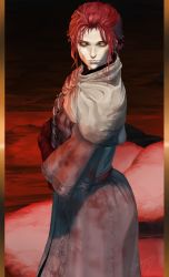 Rule 34 | 1girl, amputee, black sclera, blood, blood stain, cloak, closed mouth, colored sclera, elden ring, from above, gloves, highres, jikasei san, looking at viewer, millicent (elden ring), pale skin, red hair, robe, sidelocks, yellow eyes