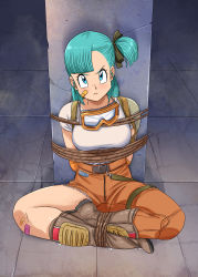 Rule 34 | 1girl, absurdres, arms behind back, bdsm, blush, bondage, bound, bound ankles, breasts, bulma, dragon ball, goggles, goggles around neck, hair ribbon, highres, legs, lost one zero, medium breasts, ribbon, rope
