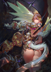 Rule 34 | 1girl, armor, ass, ass focus, blonde hair, braid, dragon tail, karasu-san (syh3iua83), long hair, looking back, original, runes, solo, standing, tail, thighs, weapon, wings, yellow eyes