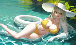 Rule 34 | 1girl, :d, absurdres, arm rest, bare shoulders, bikini, blonde hair, blue archive, breasts, cleavage, flower, full body, green eyes, halo, hat, hat flower, highres, innertube, large breasts, leaf, lying, navel, nonomi (blue archive), nonomi (swimsuit) (blue archive), on side, open mouth, see-through, see-through shirt, shirt, smile, solo, stomach, sun hat, swim ring, swimsuit, water, wet, wet clothes, wet shirt, yaxiya, yellow bikini