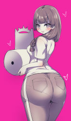 Rule 34 | 1girl, ass, blunt bangs, blush, braid, from behind, greyscale, greyscale with colored background, highres, huge ass, kouki kuu, long hair, looking at viewer, looking back, monochrome, original, pants, pantylines, pink background, pocket, solo, tight clothes, tight pants, track pants, wide hips