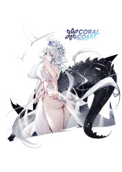 Rule 34 | 1girl, absurdres, ahoge, arknights, ass, bare shoulders, breasts, chinese commentary, commentary request, crocodilian tail, cropped legs, flower, from behind, hair flower, hair ornament, head wreath, highres, long hair, looking at viewer, looking back, medium breasts, moon (jiangxiang ai chizhaji), official alternate costume, one-piece swimsuit, pointy ears, silver hair, simple background, solo, swimsuit, tail, tomimi (arknights), tomimi (silent night) (arknights), white background, white one-piece swimsuit, yellow eyes