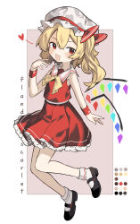 Rule 34 | 1girl, absurdres, black footwear, blonde hair, clynxen, crystal, fang, flandre scarlet, full body, hair between eyes, hat, highres, long hair, mob cap, one side up, open mouth, red eyes, red skirt, red vest, shoes, skin fang, skirt, smile, socks, solo, touhou, vest, white hat, white socks, wings, wrist cuffs