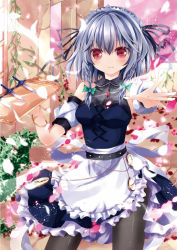 Rule 34 | 1girl, adapted costume, bad id, bad pixiv id, black pantyhose, blush, bow, braid, detached sleeves, female focus, hair bow, holding, ivy, izayoi sakuya, knife, maid, maid headdress, nanase nao, outstretched arm, pantyhose, petals, pocket watch, silver hair, solo, touhou, tray, twin braids, watch