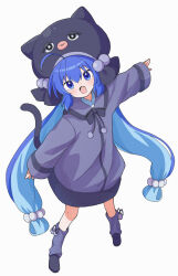 Rule 34 | 1girl, 7takada, ahoge, alternate costume, animal hat, beads, black bow, black bowtie, black footwear, blue eyes, blue hair, blush, bow, bowtie, cat hat, cat tail, coat, colored inner hair, commentary, fang, from above, full body, hair beads, hair ornament, hat, highres, leg warmers, legs apart, long hair, long sleeves, looking at viewer, low twintails, multicolored hair, open mouth, otomachi una, outstretched arms, purple coat, purple leg warmers, simple background, sleeves past wrists, smile, solo, spread arms, standing, tail, twintails, very long hair, vocaloid, white background