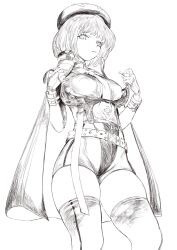 Rule 34 | 1girl, armor, belt, bob cut, boobplate, breastplate, breasts, cape, coat, elazale, fingerless gloves, from below, frown, gloves, goddess of victory: nikke, greyscale, highres, looking at viewer, medium breasts, monochrome, necktie, shirt, short hair, skindentation, solo, thighhighs, unfinished, vesti (nikke)