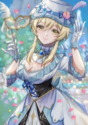 Rule 34 | 1girl, alternate costume, blonde hair, breasts, brooch, cleavage, corset, dress, genshin impact, gloves, highres, holding, holding mask, jewelry, looking at viewer, lumine (genshin impact), mask, medium breasts, short hair, short hair with long locks, smile, snow20200, solo, white dress, white gloves, white headwear, yellow eyes