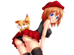 Rule 34 | 10s, 1girl, alternate color, anger vein, ass, bare shoulders, black panties, black thighhighs, blue eyes, blush, breasts, brown hair, creatures (company), fang, fedora, fennekin, from behind, from side, game freak, gen 6 pokemon, hat, highres, leaning, leaning forward, looking at viewer, looking back, nintendo, nottytiffy, open mouth, orange hair, panties, pantyshot, pleated skirt, pokemon, pokemon (anime), pokemon (creature), pokemon xy, red skirt, serena (pokemon), shiny clothes, shiny skin, short hair, simple background, skirt, sleeveless, thighhighs, underwear, upskirt, white background