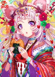 Rule 34 | 1girl, 2020, animal ears, blue nails, chinese zodiac, choker, crystal, flower, green flower, green nails, hair flower, hair ornament, hands up, highres, japanese clothes, jewelry, kimono, mouse ears, nail polish, open mouth, original, pink nails, print kimono, purple eyes, purple flower, purple nails, red flower, ring, sakiyamama, solo, sparkle, upper body, year of the rat, yellow flower