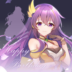 Rule 34 | 1girl, bare shoulders, black background, black gloves, breasts, cleavage, dated, dress, gloves, hand on own elbow, hand up, happy birthday, long hair, looking at viewer, medium breasts, miaosha piaoxue, mo qingxian, puffy short sleeves, puffy sleeves, purple eyes, purple hair, short sleeves, sleeveless, sleeveless dress, smile, solo, upper body, vocaloid, vsinger (vocaloid), yellow dress