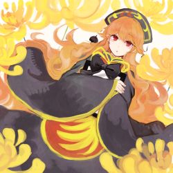 Rule 34 | 1girl, :o, bad id, bad pixiv id, black dress, bow, breasts, china dress, chinese clothes, chrysanthemum, dress, faux traditional media, flower, iei, junko (touhou), long hair, long skirt, long sleeves, looking at viewer, open mouth, orange hair, red eyes, skirt, solo, tabard, tama (hiroshige 36), touhou, very long hair, wide sleeves, yellow flower