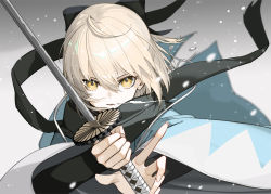Rule 34 | 1girl, ahoge, arm guards, black bow, black scarf, blonde hair, bow, commentary request, fate/grand order, fate (series), half updo, highres, holding, holding sword, holding weapon, japanese clothes, katana, kimono, koha-ace, obi, okita souji (fate), okita souji (koha-ace), rikui (rella2930), sash, scarf, short kimono, solo, sword, upper body, weapon, wide sleeves