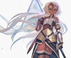 Rule 34 | 1girl, alternate skin color, armor, bare shoulders, breasts, closed mouth, cowboy shot, dark-skinned female, dark skin, elbow gloves, fate/grand order, fate (series), flag, gloves, green eyes, highres, holding, holding flag, jeanne d&#039;arc (fate), jeanne d&#039;arc (ruler) (fate), lack, looking at viewer, medium breasts, short hair, smile, solo, standing, tan, thighhighs, white hair
