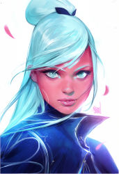 Rule 34 | 1girl, artist name, blue coat, blue hair, blue ribbon, coat, dark-skinned female, dark skin, eyelashes, hair ribbon, long hair, looking at viewer, original, parted lips, petals, pink lips, ponytail, portrait, realistic, ribbon, ross tran, serious, signature, simple background, solo, swept bangs, upper body, white background