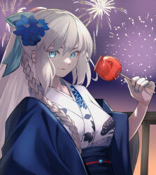 Rule 34 | 1girl, absurdres, black kimono, blue bow, blue eyes, bow, braid, candy apple, fate/grand order, fate (series), floral print, flower, food, french braid, genshu doki, grey hair, grey kimono, hair bow, hair flower, hair ornament, highres, japanese clothes, kimono, layered clothes, layered kimono, long hair, long sleeves, looking at viewer, morgan le fay (fate), morgan le fay (fgo fes. 2023) (fate), obi, ponytail, sash, sidelocks, smile, solo, very long hair, wide sleeves