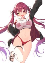 Rule 34 | 1girl, :d, arm up, armpits, bare shoulders, bikini, bikini under clothes, black jacket, black ribbon, breasts, brown eyes, brown footwear, collarbone, commentary request, crop top, day, earrings, fangs, hair between eyes, hair ribbon, heterochromia, highres, hololive, horizon, houshou marine, houshou marine (summer), jacket, jewelry, large breasts, looking at viewer, mauve, navel, off shoulder, open clothes, open jacket, open mouth, plaid, plaid jacket, red bikini, red eyes, red hair, ribbon, sandals, see-through, sharp teeth, shirt, simple background, smile, solo, standing, standing on one leg, swimsuit, teeth, tree, virtual youtuber, white background, white shirt