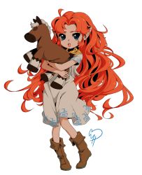 Rule 34 | 1girl, aged down, blue eyes, boots, dress, full body, highres, kanninchenkandykane, long hair, malon, nintendo, pointy ears, pony (animal), red hair, solo, stuffed animal, stuffed toy, tan, the legend of zelda, the legend of zelda: ocarina of time, transparent background, very long hair