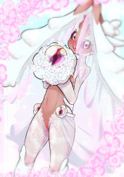 Rule 34 | 1girl, :3, alternate color, alternate shiny pokemon, animal nose, black sclera, blue background, blurry, blush, body fur, border, bouquet, bridal veil, bride, brown fur, buck teeth, clothed pokemon, colored sclera, creatures (company), crotchless, crotchless pantyhose, depth of field, dutch angle, female focus, flat chest, floral print, flower, fumirumochigashin, furry, furry female, game freak, gen 4 pokemon, gradient background, hands up, happy, highres, holding, holding bouquet, lace trim, long sleeves, lopunny, mega stone, navel, nintendo, nose blush, open mouth, pantyhose, pink border, pink eyes, pokemon, pokemon (creature), rabbit ears, rabbit girl, rabbit tail, see-through, shrug (clothing), smile, solo, sparkle, standing, stomach, teeth, textless version, thighs, two-tone background, two-tone fur, veil, white flower, white fur, white pantyhose