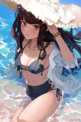 Rule 34 | 1girl, absurdres, arm up, armpits, bare shoulders, bikini, black bikini, black ribbon, blouse, blunt bangs, blush, bracelet, breasts, brown eyes, brown hair, cleavage, closed mouth, covered navel, day, from above, hat, highres, jewelry, long hair, long sleeves, looking at viewer, looking up, medium breasts, necklace, off shoulder, on ground, open clothes, open shirt, original, outdoors, paid reward available, ribbon, shirt, side-tie bikini bottom, signature, smile, solo, sooon, sun hat, swimsuit, thighs, twitter username, water, white hat, white shirt