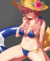 Rule 34 | 10s, 1girl, absurdres, animal ears, bad id, bad pixiv id, bare shoulders, bikini, blue bikini, blue ribbon, blush, breasts, cleavage, closed mouth, collarbone, ears through headwear, fate/extra, fate/grand order, fate (series), flower, fox ears, fox tail, grey background, hair between eyes, hair ribbon, hat, hat flower, highres, innertube, large breasts, long hair, looking at viewer, low twintails, navel, pink hair, ribbon, side-tie bikini bottom, sidelocks, simple background, smile, solo, straw hat, sun hat, swim ring, swimsuit, tail, tamamo (fate), tamamo no mae (fate/extra), tamamo no mae (swimsuit lancer) (fate), twintails, uronte, yellow eyes