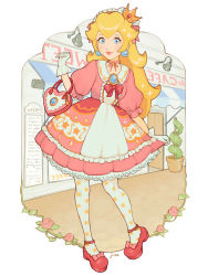 Rule 34 | 1girl, alternate costume, ankle strap, awning, bag, blonde hair, blue eyes, bow, choker, closed mouth, commentary, crown, dress, earrings, english commentary, frilled dress, frills, full body, gloves, hair ribbon, handbag, highres, jewelry, jivke, lips, lolita fashion, long hair, looking at viewer, mario (series), nintendo, pink bow, pink dress, pink ribbon, princess peach, print legwear, puffy short sleeves, puffy sleeves, red bow, red footwear, ribbon, footwear bow, shoes, short sleeves, signature, skirt hold, solo, standing, star (symbol), star choker, star print, storefront, sweet lolita, white gloves