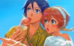 Rule 34 | 1boy, 1girl, :o, blue background, braid, collared shirt, commentary, food, freyja wion, green eyes, hair between eyes, hair ornament, hairband, hairclip, hayate immelmann, highres, ice cream, macross, macross delta, mosako, off-shoulder shirt, off shoulder, orange hair, red eyes, red hair, shirt, striped clothes, striped shirt, symbol-only commentary, taiyaki, tongue, tongue out, twin braids, wagashi, white hairband, white shirt, yellow shirt