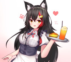 Rule 34 | 1girl, :d, animal ear fluff, animal ears, black hair, breasts, carrying, cheesecake, fang, food, highres, hololive, juice, large breasts, long hair, looking at viewer, mapleknight, multicolored hair, ookami mio, open mouth, orange juice, plate, puffy short sleeves, puffy sleeves, red hair, short sleeves, smile, streaked hair, tray, two-tone hair, virtual youtuber, waitress, wolf ears, yellow eyes