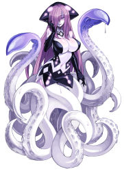 Rule 34 | 1girl, blush, breasts, character profile, cleavage, come hither, elbow gloves, gloves, hair over one eye, hat, kenkou cross, kraken (monster girl encyclopedia), large breasts, long hair, looking at viewer, monster girl, monster girl encyclopedia, navel, official art, pale skin, purple eyes, purple hair, scylla, sidelocks, smile, solo, squid, suction cups, tentacles, text focus