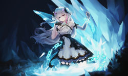 Rule 34 | 1girl, armband, asymmetrical gloves, blue eyes, breaking shackles, breasts, cuffs, dress, elbow gloves, gloves, hair ornament, hair over one eye, hecatia (vtuber), heterochromia, highres, ice, ice crystal, indie virtual youtuber, jewelry, long hair, looking at viewer, medium breasts, mole, mole under eye, multicolored hair, pendant, pink hair, red eyes, shackles, solo, streaked hair, two side up, uneven gloves, virtual youtuber, white dress, white hair, xigao gao