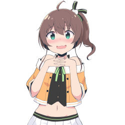 Rule 34 | 1girl, blush, breasts, brown hair, cat hair ornament, green eyes, groin, hair ornament, hair ribbon, hololive, interlocked fingers, lowleg, lowleg skirt, midriff, natsuiro matsuri, natsuiro matsuri (1st costume), navel, off-shoulder shirt, off shoulder, open mouth, own hands together, pleated skirt, purin a la mode (popup), ribbon, shirt, side ponytail, sidelocks, skirt, small breasts, smile, solo, virtual youtuber, wavy mouth
