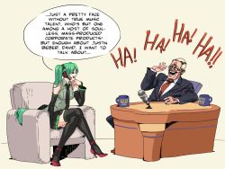 Rule 34 | 1boy, 1girl, :d, age difference, archvermin, bare shoulders, black thighhighs, chair, closed eyes, crossed legs, crossover, cup, david letterman, desk, detached sleeves, english text, formal, glasses, green hair, hair ornament, half-closed eyes, hatsune miku, headset, high heels, justin bieber, late show with david letterman, laughing, leaning back, leaning forward, long hair, microphone, mug, necktie, old, old man, open mouth, parted bangs, pleated skirt, real life, shoes, short hair, silver hair, simple background, sitting, skirt, smile, speech bubble, suit, thighhighs, truth, twintails, very long hair, vocaloid, wing collar, zettai ryouiki