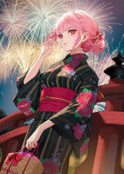 Rule 34 | 1girl, bag, braid, breasts, bridge, crown braid, earrings, ekao, fireworks, floral print, grin, hair ornament, hand up, holding, holding bag, hololive, hololive english, japanese clothes, jewelry, kimono, long sleeves, looking at viewer, medium breasts, mori calliope, mori calliope (new year), night, obi, outdoors, parted lips, pink eyes, pink hair, pink kimono, print kimono, sash, short hair, short ponytail, smile, solo, striped clothes, striped kimono, virtual youtuber, wide sleeves