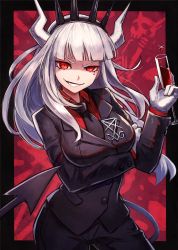 Rule 34 | 1girl, black jacket, black pants, blazer, breast hold, breasts, champagne flute, cowboy shot, cup, demon girl, demon horns, demon tail, drinking glass, gloves, grin, helltaker, highres, holding, horns, jacket, kuroi susumu, large breasts, long hair, long sleeves, looking at viewer, lucifer (helltaker), mole, mole under eye, necktie, pants, red background, red eyes, red shirt, shaded face, shirt, smile, solo, tail, tiara, undershirt, uneven eyes, v-shaped eyebrows, white gloves, white hair