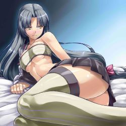 Rule 34 | 1girl, ass, bandeau, black hair, blush, breasts, brown eyes, closed mouth, derivative work, embarrassed, h-new, hakama, hakama short skirt, hakama skirt, highres, japanese clothes, kantai collection, large breasts, long hair, low-tied long hair, medium breasts, miniskirt, off shoulder, photoshop (medium), pleated skirt, revision, shouhou (kancolle), skirt, solo, strapless, thighhighs, tukiwani, zettai ryouiki