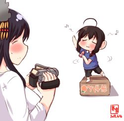 Rule 34 | 2girls, aged down, ahoge, alternate costume, artist logo, black hair, blue shirt, box, braid, camcorder, cardboard box, closed eyes, collared shirt, commentary request, dated, eighth note, hair ornament, highres, kanon (kurogane knights), kantai collection, long sleeves, mikan box, multiple girls, music, musical note, recording, shigure (kancolle), shirt, short sleeves, singing, single braid, smile, video camera, yamashiro (kancolle)