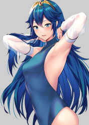 Rule 34 | 1girl, alternate costume, ameno (a meno0), armpits, arms behind head, bad id, bad twitter id, blue eyes, blue hair, blush, breasts, fire emblem, fire emblem awakening, highres, jewelry, leotard, long hair, looking at viewer, lucina (fire emblem), necklace, nintendo, open mouth, simple background, small breasts, smile, solo, symbol-shaped pupils