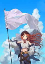 Rule 34 | 1girl, absurdres, ahoge, arknights, bare shoulders, blouse, blue sky, closed mouth, cloud, collarbone, commentary, commentary request, cowboy shot, crop top, day, detached collar, english commentary, flag, hand on own hip, hand up, highres, holding, holding flag, jacket, long hair, long sleeves, looking at viewer, messy hair, midriff, myrtle (arknights), navel, off shoulder, open clothes, open jacket, pants, pointy ears, revision, shirt, sidelocks, sky, smile, solo, standing, uh9, white shirt, wide sleeves