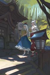 Rule 34 | 2girls, architecture, baggy pants, bamboo shoot, blue dress, blue footwear, blue hair, blunt bangs, bobby socks, boots, bow, box, chinese commentary, collared shirt, commentary request, dress, east asian architecture, footwear bow, forest, fujiwara no mokou, full body, hair bow, hat, hat bow, highres, hime cut, holding, holding bamboo shoot, holding box, house, kamishirasawa keine, lantern, long hair, long sleeves, multiple girls, nature, ofuda, ofuda on clothes, pants, paper lantern, parted lips, puffy short sleeves, puffy sleeves, red bow, red eyes, red footwear, red pants, scenery, shirt, shoes, short sleeves, sidelocks, smile, socks, stairs, suspenders, tokin hat, touhou, walking, white bow, white hair, white legwear, white shirt, yuzhou xingshi bu li dong ni