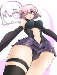 Rule 34 | 1girl, armor, bare shoulders, black gloves, black thighhighs, blush, breasts, elbow gloves, fate/grand order, fate (series), gloves, hair over one eye, highres, large breasts, looking at viewer, mash kyrielight, momio, navel, open mouth, purple eyes, purple hair, short hair, solo, thighhighs