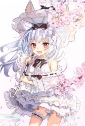 Rule 34 | 1girl, :d, animal ear fluff, animal ears, azur lane, bare shoulders, black bow, black bowtie, blush, bow, bowtie, branch, bridal garter, cherry blossoms, cowboy shot, dress, fang, frilled dress, frilled sleeves, frills, hair bow, hair ribbon, highres, holding, holding umbrella, layered dress, long hair, long sleeves, looking at viewer, open mouth, panipo2501, parasol, petals, red eyes, ribbon, ribbon-trimmed sleeves, ribbon trim, silver hair, simple background, skin fang, smile, solo, umbrella, white background, white dress, white ribbon, yukikaze (azur lane), yukikaze (sovereign of the swing) (azur lane)