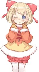 Rule 34 | 1girl, 7010, ;), blonde hair, bloomers, blue eyes, blush, bow, gloves, hair bow, looking at viewer, one eye closed, original, short hair, smile, solo, underwear, white background, wink