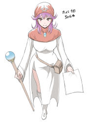 Rule 34 | 1girl, bad id, bad pixiv id, bag, boots, breasts, curly hair, dragon quest, dragon quest ii, dress, holding, hood, knee boots, long hair, long sleeves, princess of moonbrook, purple hair, satchel, smile, smile40 (ogi), solo, staff, white background