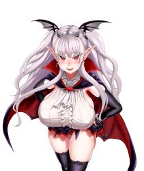 Rule 34 | 1girl, black thighhighs, blush, breasts, cape, cross, cross earrings, detached sleeves, draculina (last origin), earrings, fangs, hands on own hips, highres, huge breasts, jewelry, last origin, long hair, looking at viewer, murasaki nami, pointy ears, red eyes, silver hair, simple background, skindentation, solo, thighhighs, two side up, vampire, white background