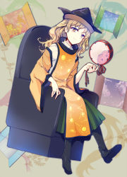 Rule 34 | 1girl, autumn, autumn leaves, black footwear, black hat, blonde hair, blue sky, boots, cape, chair, closed mouth, cloud, cloudy sky, door, drum, floral background, green skirt, hand up, hat, instrument, leaf, long hair, long sleeves, looking at viewer, matara okina, orange cape, orange sleeves, shirt, sitting, skirt, sky, smile, solo, spring (season), summer, sun symbol, touhou, tsuzumi, uranaishi (miraura), white shirt, winter, yellow background, yellow eyes