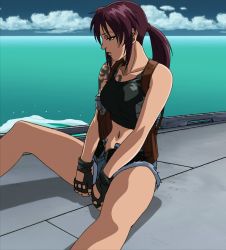 Rule 34 | 1girl, bare shoulders, black lagoon, breasts, cloud, female focus, fingerless gloves, gloves, highres, long hair, navel, ocean, outdoors, ponytail, revy (black lagoon), shorts, sitting, sky, solo, stitched, tattoo, third-party edit, water